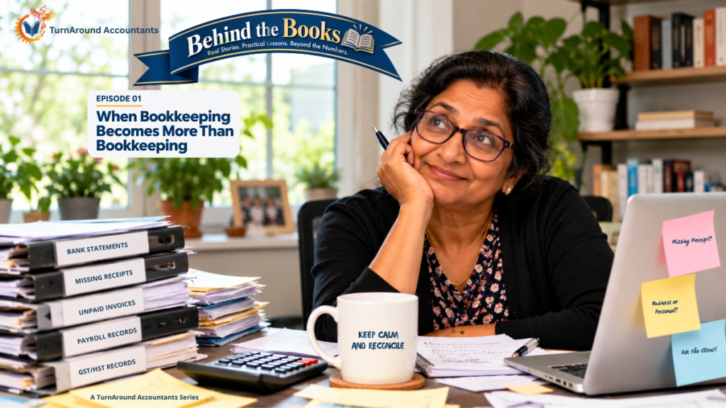 Illustration of a bookkeeper surrounded by financial records, with Behind the Books Episode 01 branding and the title When Bookkeeping Becomes More Than Bookkeeping.
